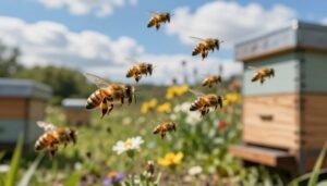 A serene apiary scene depicting a close-up view of honeybees in flight around a wooden beehive