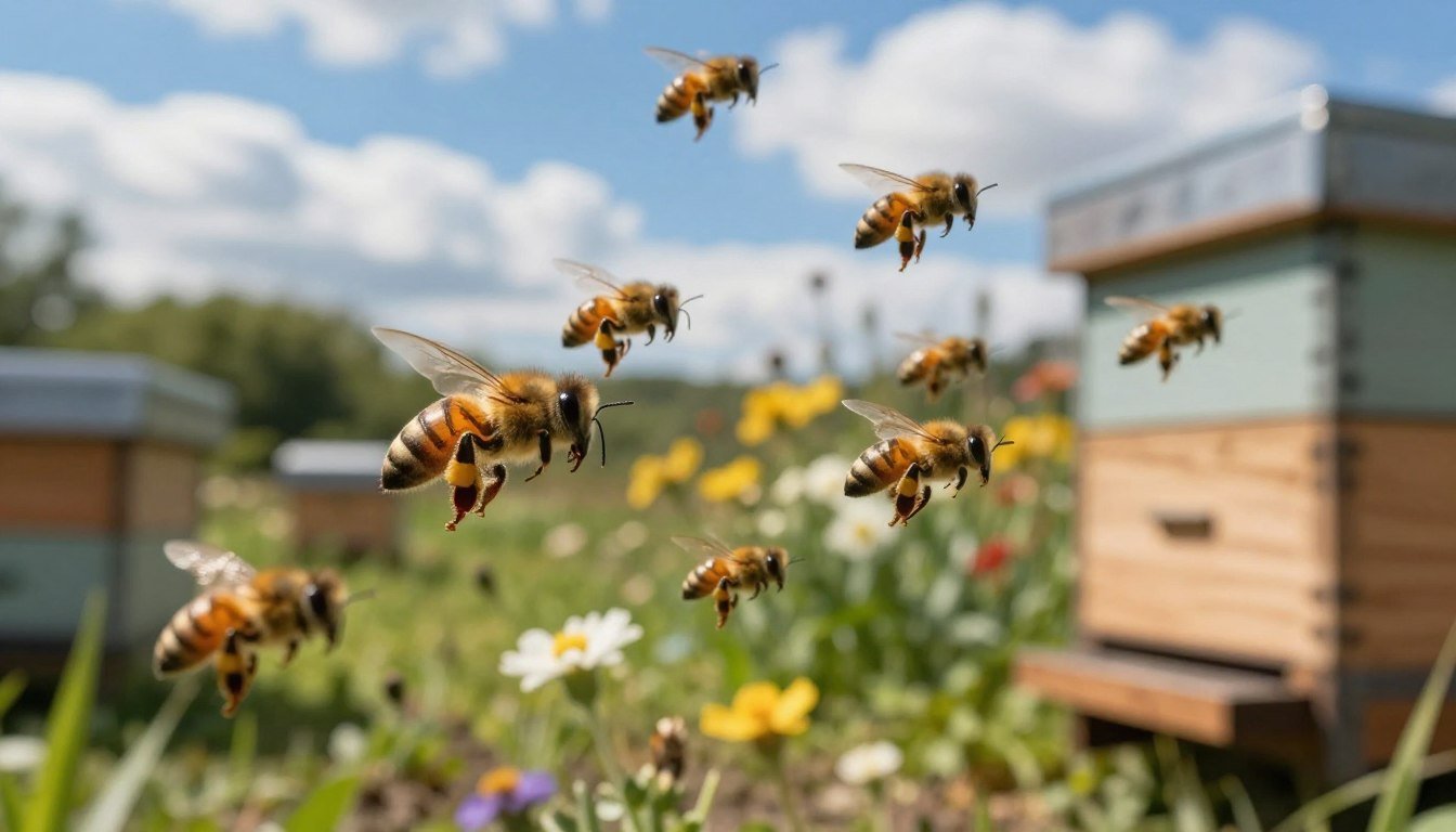 A serene apiary scene depicting a close-up view of honeybees in flight around a wooden beehive