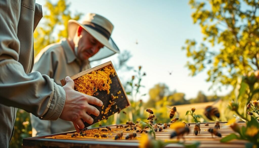 A serene apiary scene depicting a hobby beekeeper in modest casual clothing, carefully adjusting a pollen trap inside a beehive. The foreground features the beekeeper, focused and gentle, as he inspects the pollen trap filled with vibrant yellow pollen grains. In the middle ground, the hive is surrounded by flowering plants, enhancing the importance of pollen collection, with bees diligently flying around. The background showcases a soft-focus landscape of green trees and a clear blue sky. The lighting is warm and golden, creating a peaceful afternoon atmosphere. The image should evoke a sense of harmony between the beekeeper and the bees, emphasizing the importance of managing their adjustment periods for optimal pollen harvest. The angle is a slightly low perspective, highlighting the action happening at the hive while capturing the natural beauty of the surroundings.