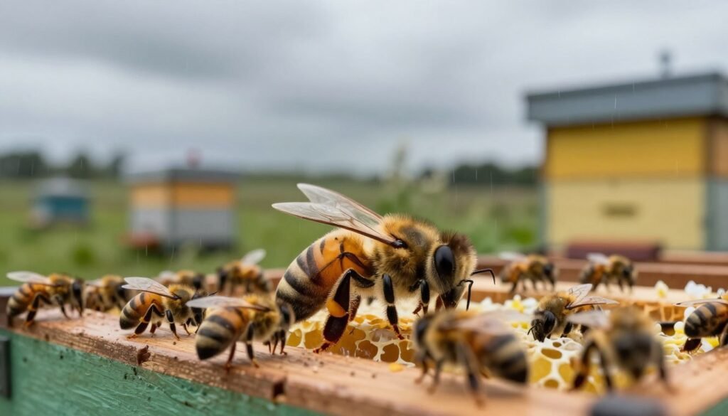 A serene apiary scene depicting a new queen bee experiencing a delay in mating due to overcast weather. In the foreground, a close-up view of a queen bee, larger and distinct with a slightly elongated abdomen, surrounded by diligent worker bees. The middle ground features a vibrant beehive made of natural wood, showing hints of honeycomb and flowers. In the background, a soft, cloudy sky casts a diffused, muted light, suggesting a calm but uncertain atmosphere. The slight drizzle adds a glistening effect to the scene, emphasizing the mood of anticipation. The angle captures the details of the bees while providing a sense of depth to the tranquil environment. The overall feel should evoke a quiet tension, reflecting the natural cycles of bee life and the impact of weather on reproductive behaviors.
