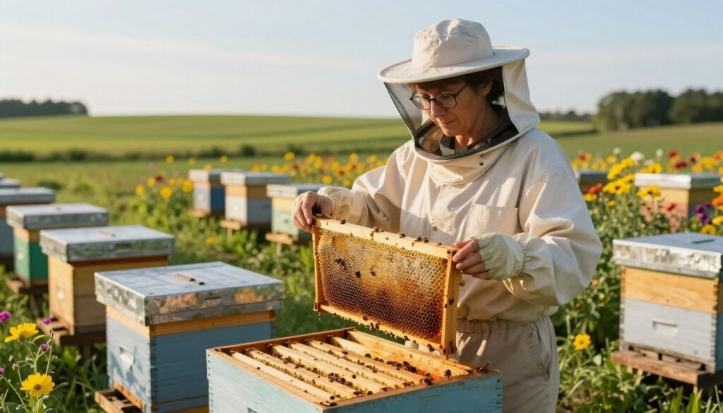 A serene apiary scene depicting a professional beekeeper in business attire, meticulously working among healthy beehives. In the foreground, the beekeeper, a middle-aged woman with glasses, examines a frame of honeycomb. The middle ground showcases several beehives with vibrant flowers blooming around them, emphasizing a thriving ecosystem. In the background, green fields stretch towards a sunny blue sky, creating a calm, productive atmosphere. The lighting is soft and warm, suggesting a late afternoon glow, illuminating the details of the honeycomb and the beekeeper's focused expression. The overall mood is one of diligence and responsibility, reflecting the importance of tax compliance in running a successful beekeeping business. No text or watermarks are included. A serene apiary scene depicting a professional beekeeper in business attire, meticulously working among healthy beehives. In the foreground, the beekeeper, a middle-aged woman with glasses, examines a frame of honeycomb. The middle ground showcases several beehives with vibrant flowers blooming around them, emphasizing a thriving ecosystem. In the background, green fields stretch towards a sunny blue sky, creating a calm, productive atmosphere. The lighting is soft and warm, suggesting a late afternoon glow, illuminating the details of the honeycomb and the beekeeper's focused expression. The overall mood is one of diligence and responsibility, reflecting the importance of tax compliance in running a successful beekeeping business. No text or watermarks are included.
