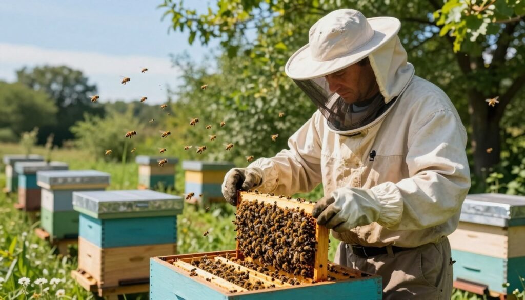 A serene apiary scene depicting a skilled beekeeper in professional attire, focused intently on managing an aggressive bee colony during the requeening process. In the foreground, the beekeeper, wearing a protective veil and gloves, gently inspects a hive frame filled with buzzing bees. The middle ground showcases several other hives surrounded by lush greenery, with bees actively flying around, creating a sense of movement and urgency. The background features a clear blue sky and soft sunlight filtering through the trees, casting dappled light on the scene, enhancing the calm yet attentive atmosphere. The image captures the balance between nature's chaotic energy and the beekeeper's measured approach, emphasizing the importance of careful management in beekeeping.