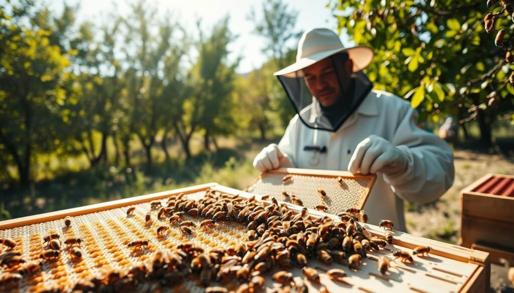 A serene apiary scene, depicting an expert beekeeper in professional attire, intently examining an integrated screen designed for brood management within a hive. In the foreground, a close-up of the screen reveals detailed compartments filled with healthy bee brood and larvae. The middle ground features the beekeeper holding a frame, surrounded by busy bees, showcasing the integration of technology and nature. In the background, vivid green trees and gentle sunlight filter through, creating a warm, inviting atmosphere. Soft shadows play across the ground, emphasizing the harmony between the bee colonies and the innovative management approach. The overall mood is one of calm efficiency and dedication to beekeeping practices.