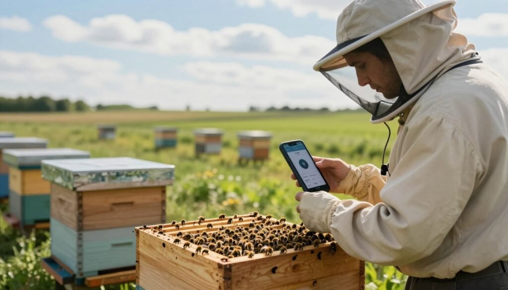 A serene apiary scene depicting non-invasive monitoring techniques for weak bee colonies. In the foreground, a professional beekeeper in modest casual clothing observes a hive using a smartphone equipped with monitoring software. The middle layer features several hives, some partially open, revealing a lively yet calm activity of bees. In the background, green fields stretch under a clear blue sky with soft sunlight filtering through fluffy clouds, casting gentle shadows. The image conveys a peaceful and diligent atmosphere, emphasizing technology's role in safeguarding bee health. Use a high-resolution lens to capture intricate details of the bees and hives, with a natural yet warm color palette that enhances the tranquil setting.