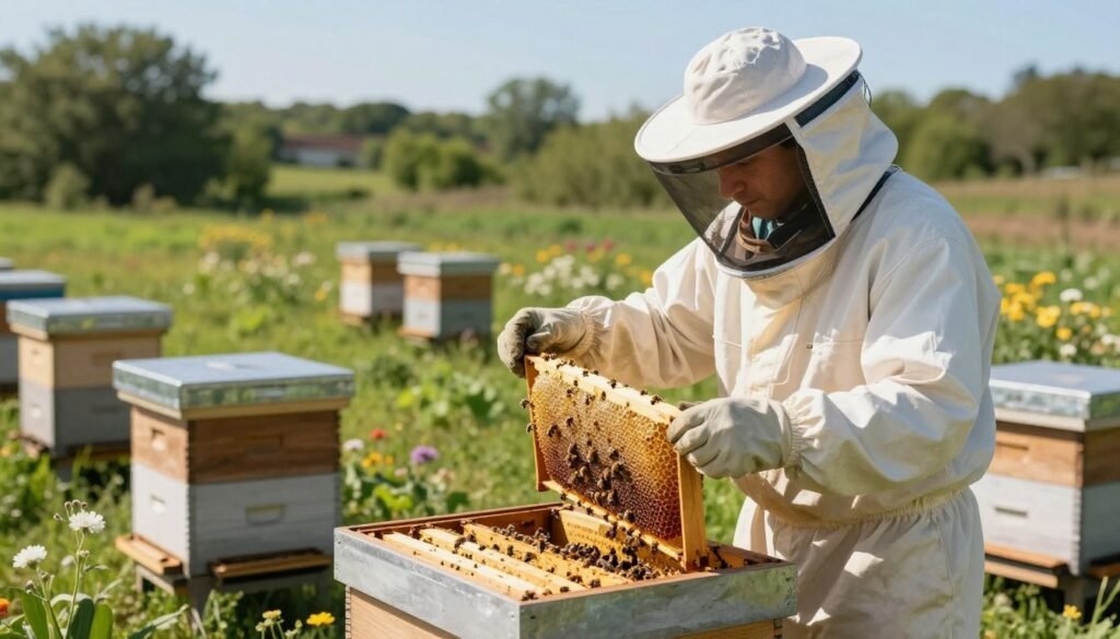 A serene apiary scene depicting the moment a professional apiary inspector examines bee hives. In the foreground, a focused inspector in a smart business casual outfit, wearing a bee suit with a veil, is closely inspecting a frame of honeycomb. The middle ground features several well-maintained beehives surrounded by flowering plants and a soft green lawn, enhancing the natural environment. In the background, a tree line under a bright blue sky adds depth to the scene, creating an inviting atmosphere. The warm sunlight casts gentle shadows, highlighting the details of the honeycomb and the bees at work, evoking a sense of care and professionalism in beekeeping practices.
