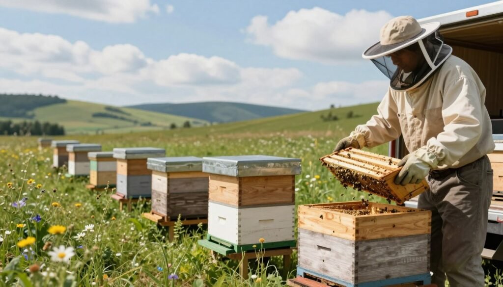 A serene apiary scene depicting the unloading and placement of bee hives at a new location. In the foreground, a professional beekeeper in modest casual clothing carefully lifts a wooden hive box from a truck, using protective gear. In the middle ground, several freshly placed hives are arranged on a grassy patch, surrounded by wildflowers and gentle greenery. The background features rolling hills under a bright blue sky with fluffy white clouds, creating a tranquil atmosphere. Soft, natural lighting enhances the peaceful setting, capturing the essence of a warm summer day. The angle showcases the bees buzzing around the hives, emphasizing the connection between nature and the art of beekeeping.
