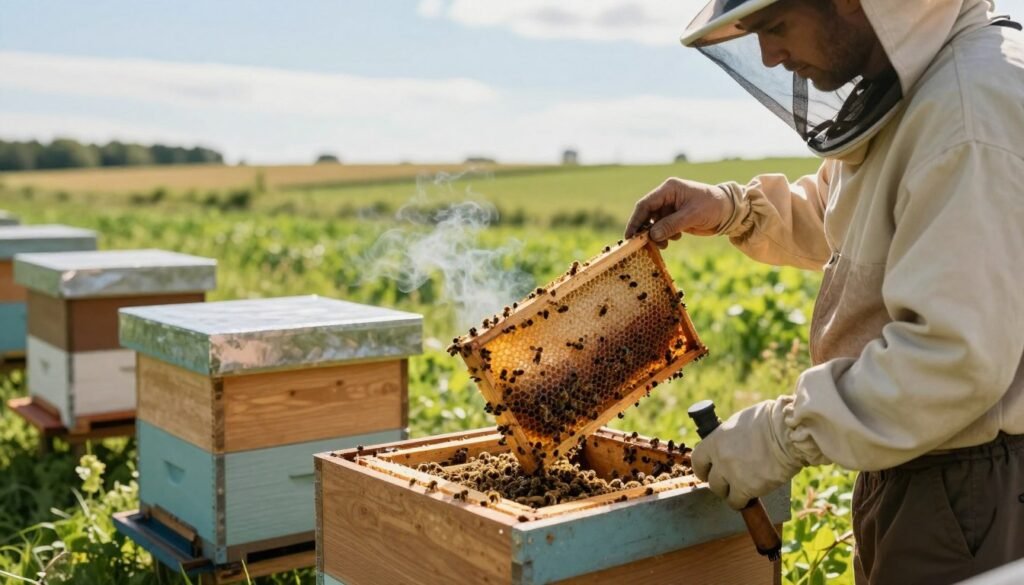 A serene apiary scene depicting various methods for splitting beehives. In the foreground, a beekeeper in modest attire carefully examines a hive with a lit smoker, showing intricate details of the hive's structure, bees at work around it. The middle ground features two additional hives being split apart, with honeycomb and bees visible, demonstrating the process. In the background, lush green fields and a clear blue sky enhance the atmosphere of a sunny day. Soft, warm natural lighting casts gentle shadows, highlighting the intricate details of the bees and equipment. The overall mood is educational and peaceful, focused on the art of beekeeping.