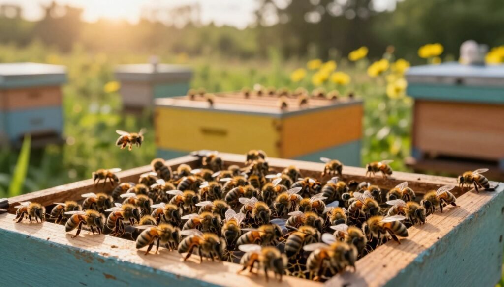 A serene apiary scene during golden hour, showcasing a close-up view of two combine bee colonies. In the foreground, focused honey bees of varying sizes cluster around a shared hive entrance, diligently working together. The middle layer features a rectangular wooden hive, with vibrant colors displaying busy activity of bees flying in and out. In the background, lush greenery and blooming flowers create a peaceful setting, emphasizing the natural habitat of the bees. Soft sunlight filters through the trees, casting gentle shadows and accentuating the glossy texture of the bees. The overall mood is harmonious and industrious, capturing the essence of community among the colonies. The image should be structured to highlight teamwork and productivity without any distractions or text elements. A serene apiary scene during golden hour, showcasing a close-up view of two combine bee colonies. In the foreground, focused honey bees of varying sizes cluster around a shared hive entrance, diligently working together. The middle layer features a rectangular wooden hive, with vibrant colors displaying busy activity of bees flying in and out. In the background, lush greenery and blooming flowers create a peaceful setting, emphasizing the natural habitat of the bees. Soft sunlight filters through the trees, casting gentle shadows and accentuating the glossy texture of the bees. The overall mood is harmonious and industrious, capturing the essence of community among the colonies. The image should be structured to highlight teamwork and productivity without any distractions or text elements.