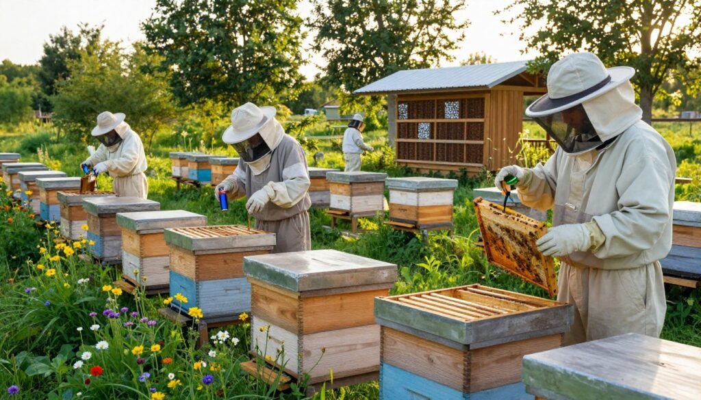 A serene apiary scene during golden hour, showcasing various alternative techniques for strengthening bee hives. In the foreground, healthy wooden hives are surrounded by vibrant flowers and lush greenery. Beekeepers, dressed in professional light-colored attire and protective gear, are inspecting the hives with tools like hive tools and smoke canisters. The middle ground features diverse elements such as top-bar hives, observation hives, and innovative pest management solutions represented in creative ways. In the background, trees provide a natural backdrop, filtering soft sunlight and casting gentle shadows across the scene. The atmosphere is calm and productive, evoking a sense of harmony between nature and beekeeping practices.