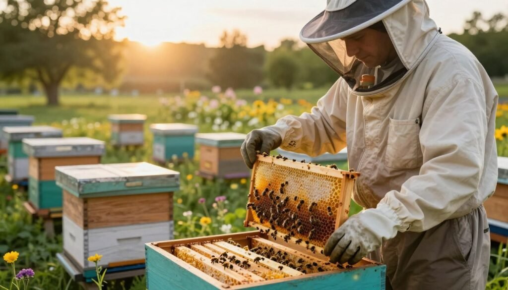 A serene apiary scene during the golden hour, showcasing a beekeeper in professional attire—light-colored protective clothing, gloves, and a veil—carefully inspecting a beehive. In the foreground, the beekeeper holds a frame with vibrant honeycomb and propolis while examining the bees' activity, ensuring hive health is maintained during propolis collection. In the middle ground, more beehives are arranged neatly, surrounded by lush greenery and blooming flowers, enhancing the focus on the bees. The background features soft sunlight filtering through trees, casting a warm glow that creates a peaceful, industrious atmosphere. The angle emphasizes the hands-on approach of the beekeeper, highlighting the balance between collection and care of the hive. The overall mood conveys diligence and harmony with nature.