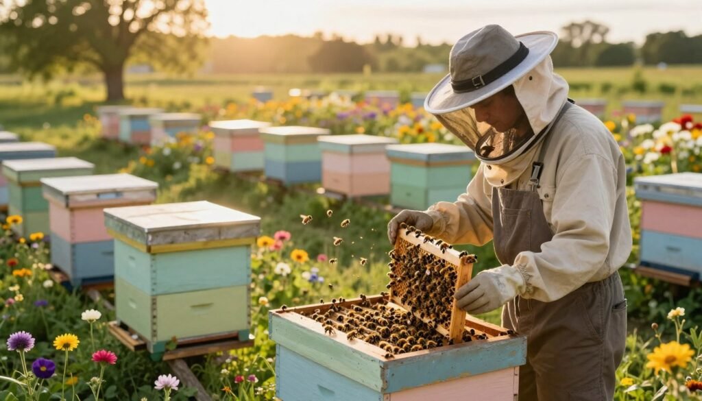 A serene apiary scene during the late afternoon golden hour, showcasing a vibrant honeybee colony actively buzzing around seasonal flowers in full bloom. In the foreground, focus on a beekeeper in modest, casual clothing inspecting a bustling hive, with bees hovering around. The middle ground features multiple hives, painted in gentle pastel colors, surrounded by lush greenery and colorful seasonal flowers. In the background, softly blurred trees catch the warm light, creating a peaceful, harmonious atmosphere. The lighting is warm with soft shadows, enhancing the sense of calm and care in maintaining hive health. The angle is slightly elevated to capture both the beekeeper's intimate engagement with the bees and the broader landscape of the apiary. The overall mood is uplifting and nurturing, reflecting the importance of seasonal management in beekeeping.
