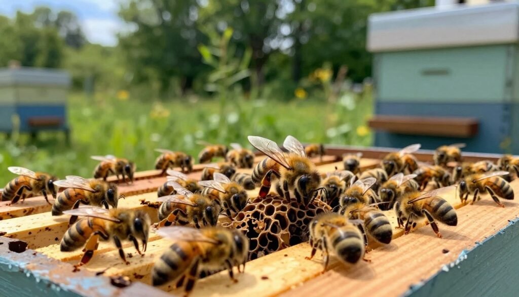 A serene apiary scene features a close-up of a mated queen bee being gently introduced into a split colony. In the foreground, a beekeeping tool, like a queen cage, rests on a wooden hive frame surrounded by worker bees, capturing their curiosity. The middle ground displays the bustling activity of bees, some fanning their wings in excitement while others gather around the queen, creating a sense of community. In the background, lush green trees and a bright blue sky enhance the tranquil atmosphere. Soft, natural lighting illuminates the scene, casting gentle shadows that highlight the texture of the bees' wings and the intricate details of the hive. The overall mood is hopeful and harmonious, reflecting the importance of the queen's introduction to the colony.