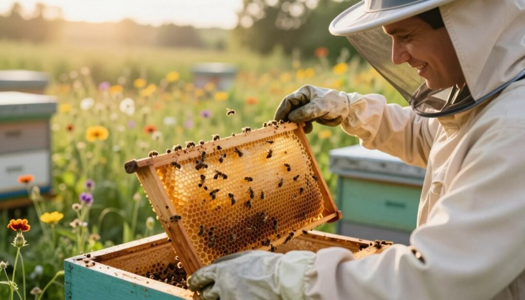 A serene apiary scene featuring a beekeeper in professional attire, gently handling a honeycomb frame with bees, showcasing best practices for hive management. The foreground displays the beekeeper’s hands carefully inspecting the frame, wearing light-colored gloves and a protective veil, with a warm smile reflecting confidence and calmness. In the middle ground, golden-hued honeycombs are beautifully detailed, with bees softly buzzing around, illuminated by the gentle morning sunlight. The background features colorful wildflowers and lush greenery, creating an inviting atmosphere. The lighting is soft and warm, capturing a tranquil moment in nature, with a focus on the connection between the beekeeper and the bees, symbolizing respect and care for the hive. The angle is slightly elevated, providing a clear view of the hive and the scene.