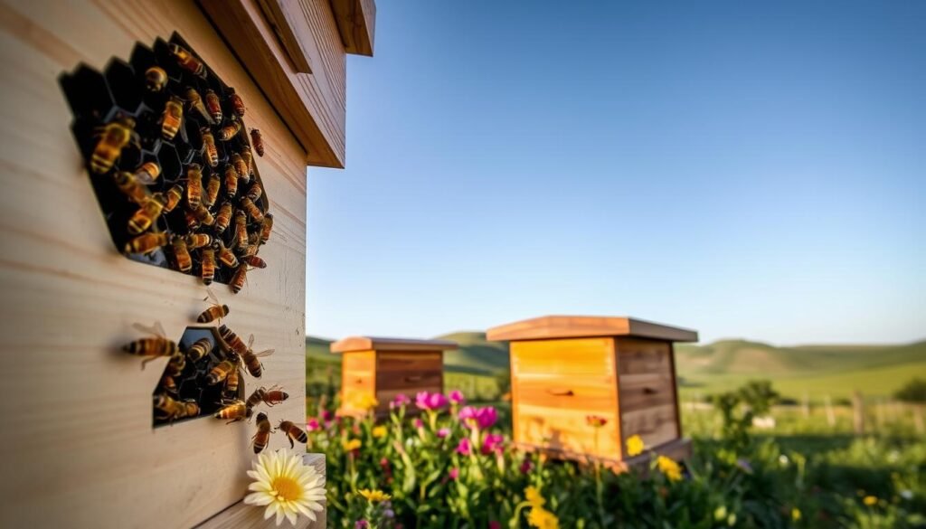 A serene apiary scene featuring a close-up view of a honeybee-focused swarm trap box, prominently displaying its entrance and ventilation features. In the foreground, bees are actively entering and exiting the well-designed entrance, with details like the hexagonal patterns of the hive structure clearly visible. The middle ground includes several beautifully crafted wooden swarm trap boxes surrounded by vibrant flowers and greenery, providing a natural habitat. In the background, a peaceful landscape of gentle rolling hills under a clear blue sky enhances the tranquil atmosphere. Soft morning light bathes the scene, creating warm highlights and soft shadows. The angle of the shot is slightly low, emphasizing the bees' activity and the craftsmanship of the trap design, evoking a sense of harmony between nature and beekeeping innovation.