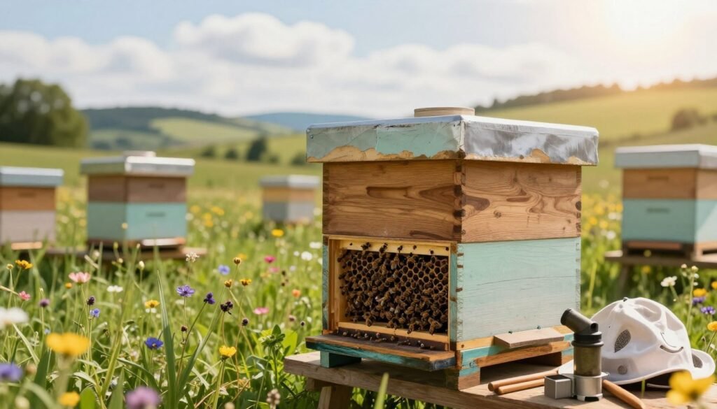 A serene apiary scene featuring a hivebarrow hive as the focal point in the foreground. The hivebarrow hive is detailed with rich wooden textures, showing the slots for bee colonies, painted in a soft pastel color palette. Surrounding the hive, a variety of essential beekeeping tools, such as a smoker, hive tool, and protective gear neatly arranged, hinting at a preparation for transporting bees. In the middle ground, lush green grass and colorful wildflowers sway gently, creating a vibrant ecosystem. The background showcases a scenic view of distant rolling hills under a bright, sunny sky with soft clouds, illuminating the entire scene with warm, natural light. The mood is peaceful and focused, evoking a sense of care and responsibility in beekeeping. The angle captures the hive slightly from below, emphasizing its importance in the beekeeping process.