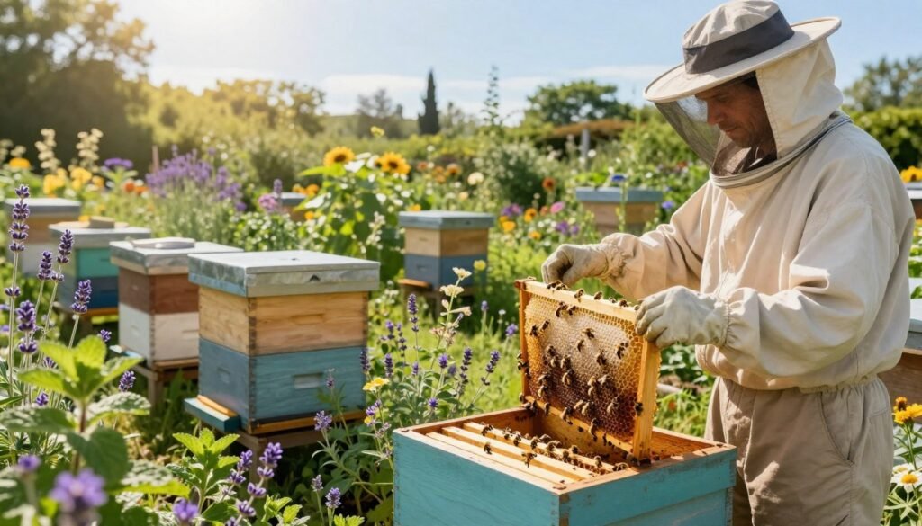 A serene apiary scene featuring healthy beehives surrounded by lush, organic gardens, brimming with blooming wildflowers and herbs known for their natural pest-repelling qualities, such as peppermint and lavender. In the foreground, a beekeeper in a light-colored, modest outfit carefully inspects a frame of honeycomb, showcasing vibrant, active bees. The middle ground should include additional hives, a variety of beneficial plants intertwining, and gentle sunlight filtering through, casting soft, golden rays. In the background, a clear blue sky adds to the tranquil setting. The overall mood is peaceful and rejuvenating, emphasizing sustainable and organic practices in beekeeping, with a focus on nature's harmony.