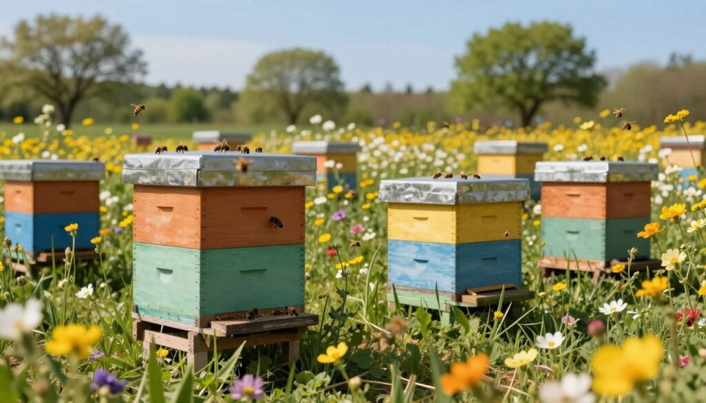 A serene apiary scene featuring several pollination-ready beehives nestled in a lush, blooming meadow. In the foreground, showcase a close-up view of the hives, their vibrant colors contrasting with the surrounding wildflowers, with bees gently buzzing around, actively working. The middle ground should depict a diverse array of blossoms in full bloom, attracting bees, while the background features soft-focus trees and a clear blue sky, evoking a calm, productive atmosphere. Utilize warm, natural lighting to highlight the bees and flowers, captured from a low angle to emphasize the hives and create depth. The overall mood should be one of harmony and vitality, illustrating the essential criteria for effective pollination.