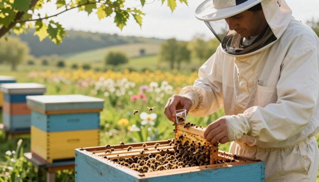 A serene apiary scene featuring the careful installation of a new bee colony in a wooden hive. In the foreground, a beekeeper in a professional white suit is gently introducing a queen bee, delicately held in a small transparent container. The middle ground showcases the vibrant hive with bees actively buzzing around, highlighted under soft, natural sunlight filtering through green leaves above. In the background, a picturesque landscape of blooming flowers and gentle hills creates a harmonious setting. The atmosphere feels calm and focused, emphasizing the importance of this crucial step in beekeeping. The lighting is warm and inviting, with a slight bokeh effect on the background to draw attention to the beekeeper and the queen bee introduction.