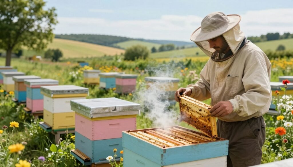 A serene apiary scene focused on preventing future outbreaks, featuring a beekeeper in modest, professional attire carefully inspecting healthy beehives. In the foreground, the beekeeper is holding a smoke cylinder beside an open hive, releasing gentle wisps of smoke. The middle layer showcases multiple beehives, each painted in pastel colors, surrounded by vibrant flowers and lush greenery. The background is a tranquil landscape with rolling hills under a clear blue sky, giving an impression of a peaceful rural setting. Soft, warm lighting highlights the scene, creating an optimistic and proactive mood. The composition is captured from a slightly elevated angle, emphasizing both the beekeeper's focused expression and the thriving environment of the apiary. No text or watermarks are included. A serene apiary scene focused on preventing future outbreaks, featuring a beekeeper in modest, professional attire carefully inspecting healthy beehives. In the foreground, the beekeeper is holding a smoke cylinder beside an open hive, releasing gentle wisps of smoke. The middle layer showcases multiple beehives, each painted in pastel colors, surrounded by vibrant flowers and lush greenery. The background is a tranquil landscape with rolling hills under a clear blue sky, giving an impression of a peaceful rural setting. Soft, warm lighting highlights the scene, creating an optimistic and proactive mood. The composition is captured from a slightly elevated angle, emphasizing both the beekeeper's focused expression and the thriving environment of the apiary. No text or watermarks are included.