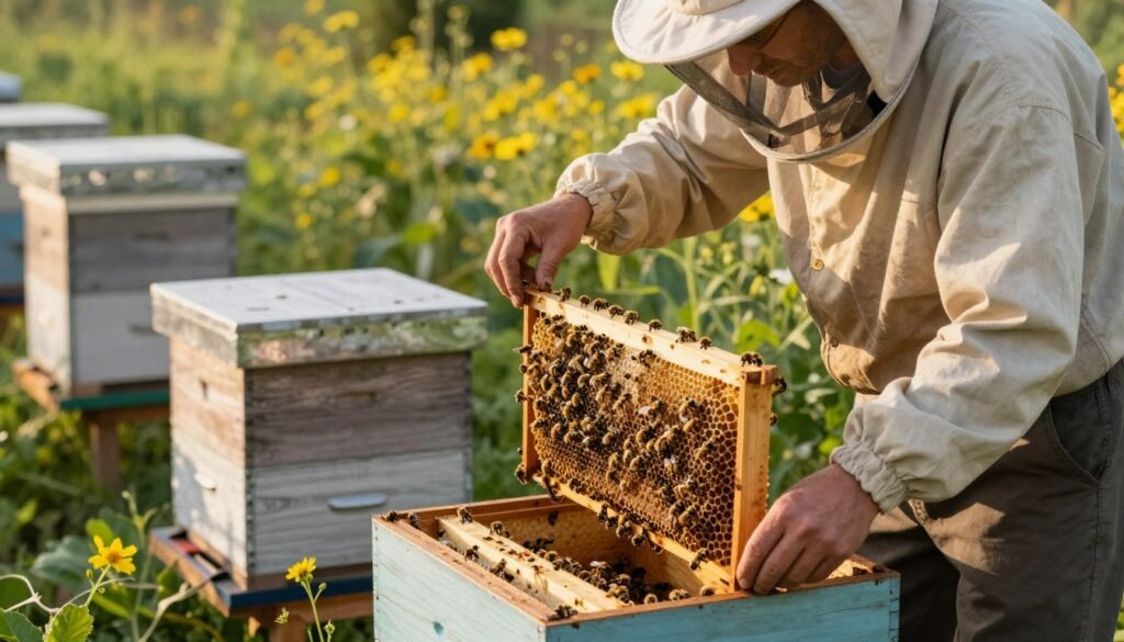 A serene apiary scene focusing on a beekeeper in modest casual clothing, gently inspecting a hive surrounded by healthy bees. In the foreground, the beekeeper is using a hive tool, examining frames filled with bees and honeycomb, while actively checking for signs of distress or disease. In the middle ground, clear and tidy rows of beehives are set against a backdrop of lush green plants, symbolizing good sanitation practices. The background features blooming wildflowers, which provide a natural environment for the bees. The lighting is warm and inviting, suggesting early morning sun, casting soft shadows that enhance the tranquility of the setting. The atmosphere feels harmonious, emphasizing the importance of maintaining colony health and cleanliness to prevent stressors like dysentery and Nosema.