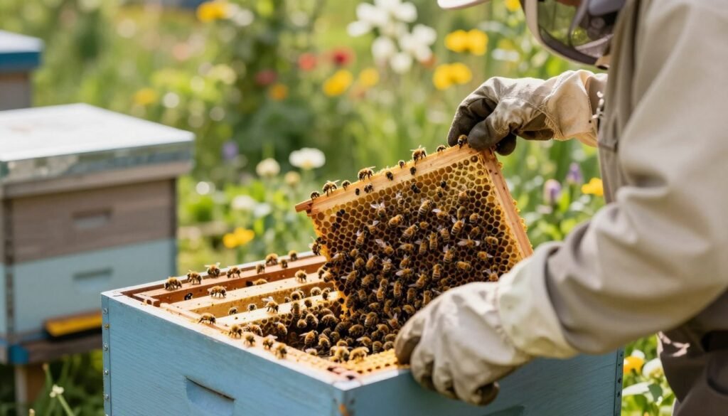 A serene apiary scene focusing on a beekeeper in modest casual clothing, inspecting hives after making a split. In the foreground, close-up details reveal the beekeeper's gloved hands applying a varroa treatment solution around a hive box. The middle ground features vibrant, healthy bee colonies buzzing with activity, showcasing bees foraging and returning with pollen. In the background, lush greenery and blooming flowers enhance the natural setting, complemented by soft, dappled sunlight filtering through the leaves, creating a warm and inviting atmosphere. The image should have a slightly upward angle, emphasizing the bees’ busy nature while capturing the careful attention of the beekeeper. The overall mood is focused and optimistic, reflecting a commitment to healthy bee husbandry and effective varroa management. A serene apiary scene focusing on a beekeeper in modest casual clothing, inspecting hives after making a split. In the foreground, close-up details reveal the beekeeper's gloved hands applying a varroa treatment solution around a hive box. The middle ground features vibrant, healthy bee colonies buzzing with activity, showcasing bees foraging and returning with pollen. In the background, lush greenery and blooming flowers enhance the natural setting, complemented by soft, dappled sunlight filtering through the leaves, creating a warm and inviting atmosphere. The image should have a slightly upward angle, emphasizing the bees’ busy nature while capturing the careful attention of the beekeeper. The overall mood is focused and optimistic, reflecting a commitment to healthy bee husbandry and effective varroa management.