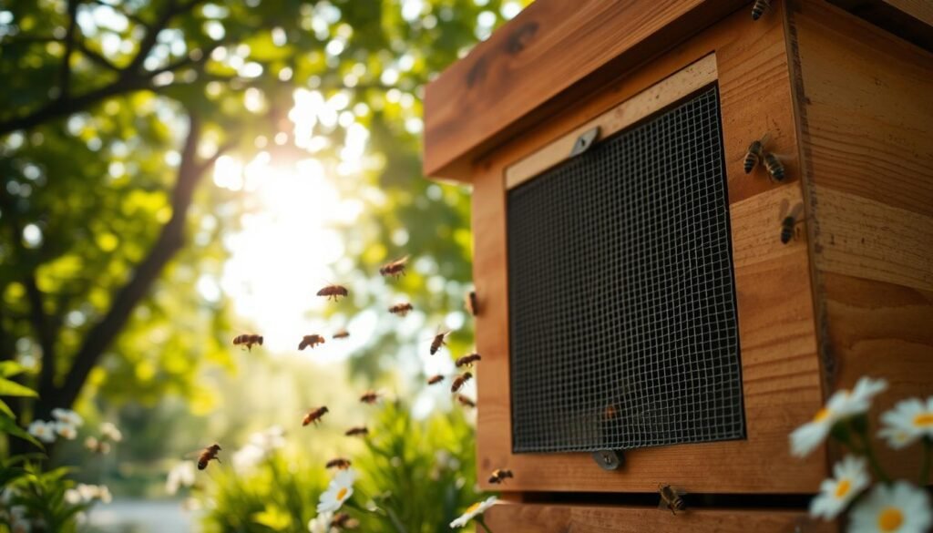 A serene apiary scene focusing on a well-maintained beehive entrance, designed to manage congestion and protect the hive. In the foreground, several busy bees are flying around the entrance, showcasing their organized movement. The middle ground features a wooden hive with a mesh screen on the entrance, emphasizing a sophisticated design. Soft sunlight filters through leafy trees in the background, creating dappled light effects that add warmth to the scene. A light breeze rustles the surrounding flowers, enhancing the atmosphere of tranquility and focus. The overall mood is one of harmony and management, conveying the importance of protecting the hive while maintaining its vitality. The angle is slightly elevated, capturing the hive's entrance while revealing the intricate details of the bees' activity.
