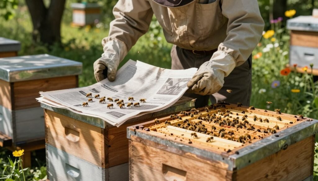 A serene apiary scene focusing on the newspaper method for colony combination. In the foreground, two wooden beehives are positioned side by side, with their entrances partially covered by folded newspaper pages. Bees are actively buzzing around, showcasing their vibrant yellow and black stripes. In the middle ground, a beekeeper, dressed in modest casual clothing and wearing protective gloves, gently places the newspaper over the hives, demonstrating the technique with careful attention. Sunlight filters through the trees, casting dappled shadows on the ground, creating a warm and inviting atmosphere. In the background, lush greenery and colorful wildflowers frame the apiary, enhancing the peacefulness of the setting. The composition captures the essence of preparation and care in beekeeping without any distractions from text or other elements.