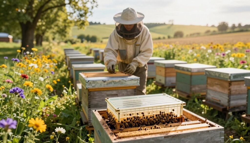 A serene apiary scene focusing on the optimal timing for brood break, featuring a neatly organized row of beehives surrounded by blooming flowers in vibrant colors. In the foreground, a close-up of a beehive with a transparent queen cage partially visible, emphasizing its role in managing hive population. The middle ground shows a beekeeper in a professional suit, gently inspecting the hive, poised in an active yet contemplative stance. The background is filled with a sunlit landscape of gentle hills and scattered wildflowers, evoking a sense of tranquility. The lighting is warm and inviting, with soft rays of sunlight filtering through the trees, creating dappled shadows on the ground. The overall mood is calm and focused, highlighting the importance of timing in beekeeping management.