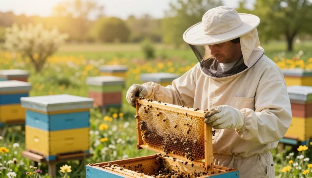A serene apiary scene illustrating the concept of preventing reproductive issues in bees. In the foreground, a skilled beekeeper in modest, professional attire examines a frame filled with healthy honeycomb and larvae, symbolizing strong queen bee development. The middle ground features vibrant beehives surrounded by blooming flowers, promoting a healthy environment. The background showcases a soft-focus landscape of lush greenery, hinting at natural pollination and vitality. Warm, golden sunlight bathes the scene, creating a hopeful and nurturing atmosphere. A shallow depth of field emphasizes the beekeeper's careful inspection, while the overall composition conveys dedication to maintaining bee health and preventing drone laying.