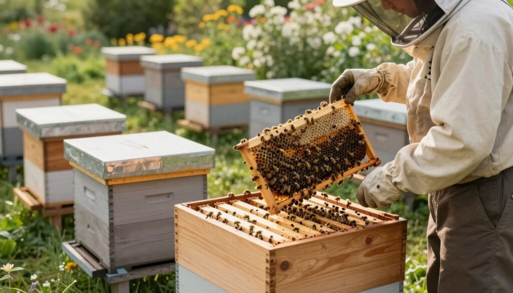 A serene apiary scene illustrating the concept of space management in beekeeping to prevent swarming. In the foreground, a wooden beehive stands open, exposing orderly frames filled with bees busy at work. A beekeeper in modest casual clothing carefully examines the frames, focusing on optimal spacing. In the middle ground, additional hives are neatly arranged, showcasing the importance of managing distance and space between them for better airflow and colony health. The background features a lush garden filled with blooming flowers, under soft morning sunlight that casts gentle shadows. The atmosphere is calm and focused, evoking a sense of tranquility and professionalism in beekeeping practices. The angle captures both the beekeeper's concentration and the organized setup of the hives, emphasizing the theme of effective space management.