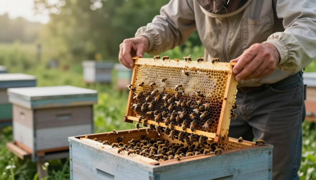 A serene apiary scene in soft morning light, showcasing a skilled beekeeper in modest casual clothing, carefully merging weak bee colonies into a stronger hive. In the foreground, a close-up of delicate bees buzzing around a wooden hive entrance, displaying their intricate patterns. The middle ground features the beekeeper gently guiding frames filled with honeycomb, ensuring a harmonious blend of bees. In the background, lush greenery surrounds the apiary, with hints of soft sunlight filtering through the leaves, creating a tranquil and nurturing atmosphere. The overall mood is one of collaboration and growth, emphasizing the process of strengthening colonies in harmony with nature.