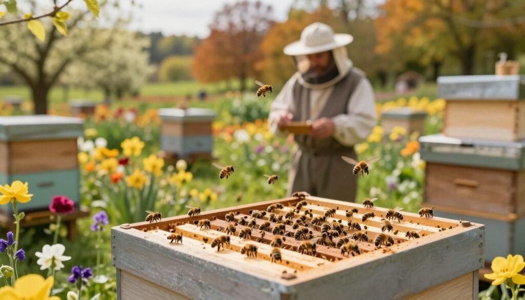A serene apiary scene in the foreground, featuring a well-maintained beehive surrounded by a vibrant garden of seasonal flowers. Bees actively hover around the hive, showcasing their role in pollination. In the middle ground, include a small, dedicated beekeeper dressed in modest attire, inspecting the hive’s activity with care and focus. The background displays a lush landscape transitioning from spring blooms to autumn foliage, highlighting seasonal changes that impact hive success. Soft, warm lighting filters through the leaves, creating a welcoming atmosphere. Use a close-up angle to emphasize the bees and the beekeeper’s thoughtful expression, while maintaining a sense of harmony with nature.