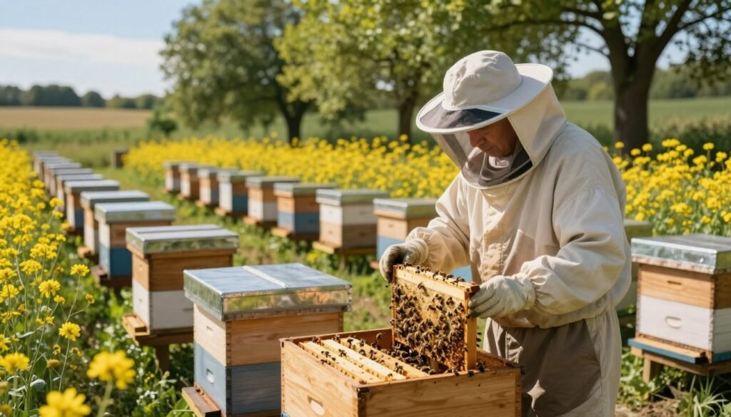 A serene apiary scene in the foreground with a beekeeper in professional clothing gently administering oxalic acid treatment to a beehive. The beekeeper, a middle-aged individual, wears a fitted bee suit and a protective veil while attentively observing the bees. In the middle ground, hives are arranged in neat rows, their wooden structure contrasting with vibrant yellow flowers surrounding them. The background shows a lush landscape with green trees and a clear blue sky, enhancing the tranquil atmosphere. Soft, warm sunlight filters through the trees, casting subtle rays onto the beehives, creating a harmonious and peaceful mood that emphasizes the importance of bee health. Use a wide-angle lens to capture the entire scene, accentuating both the beekeeper's careful work and the thriving environment of the bees.