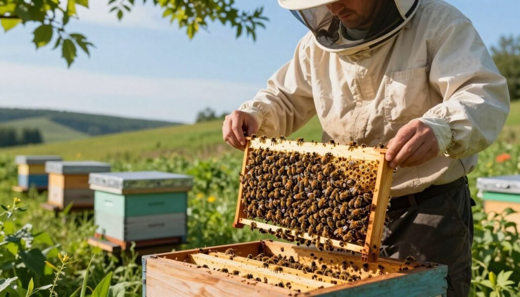 A serene apiary scene showcasing a beekeeper in professional attire, carefully inspecting a hive for pests and disease. In the foreground, the beekeeper holds a frame with bees actively working, highlighting details such as the bees' intricate patterns and the hive's wooden texture. In the middle ground, additional hives sit under a bright blue sky, surrounded by lush green vegetation that adds vibrancy to the setting. The background features rolling hills and a distant tree line, creating a tranquil atmosphere. Soft sunlight filters through the leaves, illuminating the scene with a warm glow. The angle is slightly low, emphasizing the diligent work of the beekeeper while capturing the harmony of nature surrounding the apiary. The overall mood is focused and serene, invoking a sense of responsibility and care in maintaining bee health.