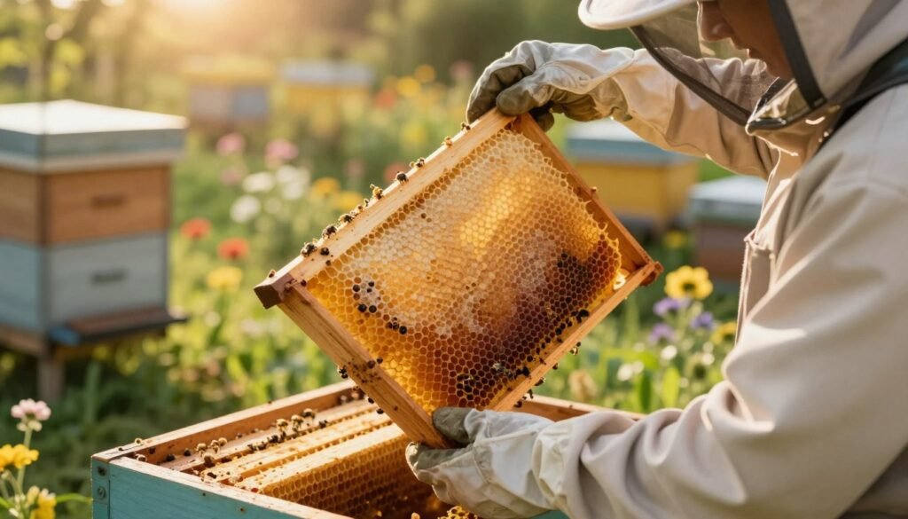 A serene apiary scene showcasing a close-up view of a beekeeper in modest, professional attire examining honeycomb frames. In the foreground, the beekeeper's gloved hands hold a recently discarded frame of stained, unhealthy comb, indicating it should be removed after disease. The middle ground features several intact frames with healthy, golden comb, symbolizing the importance of replacement. In the background, a tranquil garden with flowers in bloom and a wooden beehive enriches the setting, bathed in warm, golden sunlight, creating a hopeful atmosphere. A soft focus lens effect emphasizes the comb and the beekeeper's actions, inviting viewers to contemplate the significance of this process in maintaining hive health.