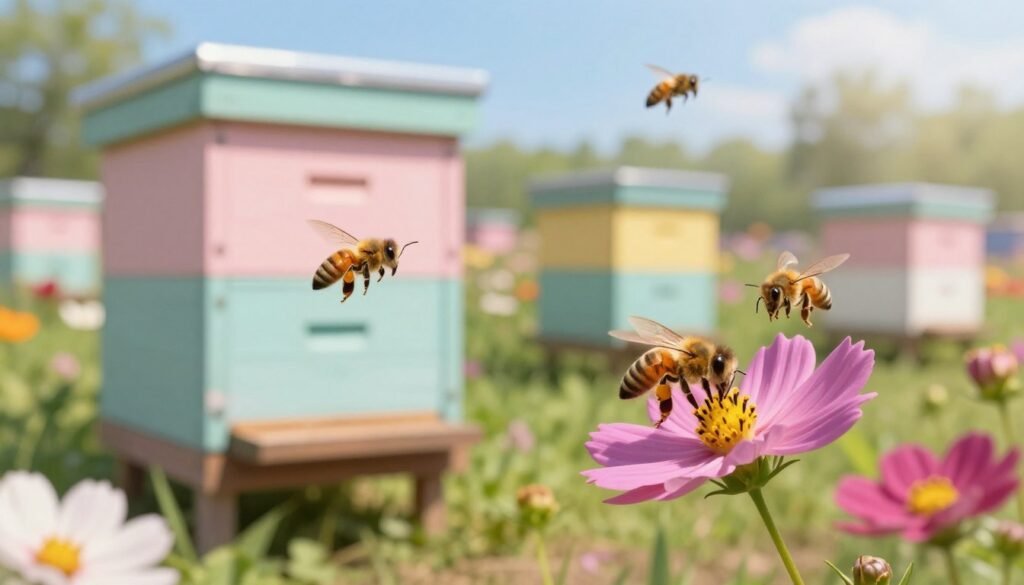 A serene apiary scene showcasing a group of honey bees practicing social distancing while foraging around vibrant flowers. In the foreground, a couple of bees hover at a safe distance from each other, each approaching a brightly colored flower for nectar. The middle ground features hives painted in soft pastels, with a gentle sunlight illuminating their surfaces, creating a warm, inviting atmosphere. The background reveals a lush garden filled with blossoms and greenery, softly blurred to enhance focus on the bees in action. The lighting is bright yet gentle, indicating a clear blue sky. The overall mood conveys harmony and health in nature, emphasizing the importance of social distancing for hive well-being.