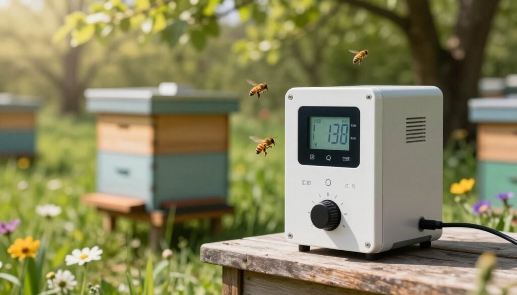 A serene apiary scene showcasing a high-tech temperature control system designed for bees. In the foreground, a sleek, modern temperature regulating device with digital displays, featuring adjustable knobs and sensors, stands prominently. The bees hover around, attracted to the device, exhibiting a gentle activity. In the middle ground, a small, quarantined hive sits nestled on a wooden stand, surrounded by lush green grass and blooming flowers, indicating a healthy environment. In the background, soft sunlight filters through leafy trees, casting dappled shadows that enhance the tranquil atmosphere. The overall mood is harmonious and focused, emphasizing care in managing bee welfare, with warm, natural lighting to create an inviting ambiance.