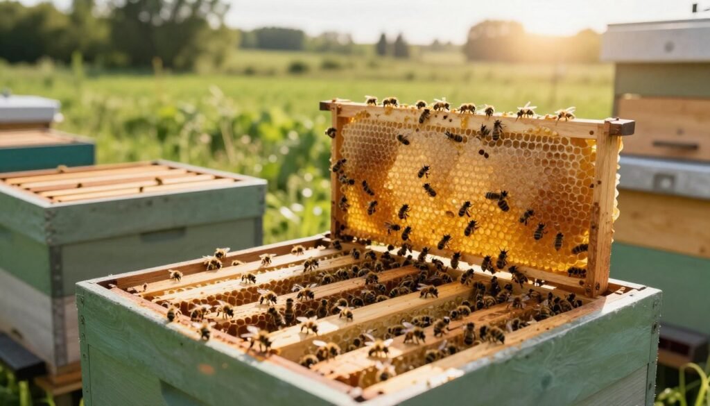 A serene apiary scene showcasing a hive with multiple honey supers stacked on top, featuring drawn combs filled with golden honey. In the foreground, a close-up of the supers reveals the intricate cell structure and glistening honey. The middle-ground displays a strong colony of bees actively working, highlighting their role in honey production. In the background, a lush green landscape bathed in soft, warm sunlight enhances the natural atmosphere, evoking a sense of tranquility. The scene is captured from a slightly elevated angle, providing a comprehensive view of the storage and bee activity. Subtle lens flares from the sunlight create an inviting mood, emphasizing the harmony between nature and the bee-keeping process.