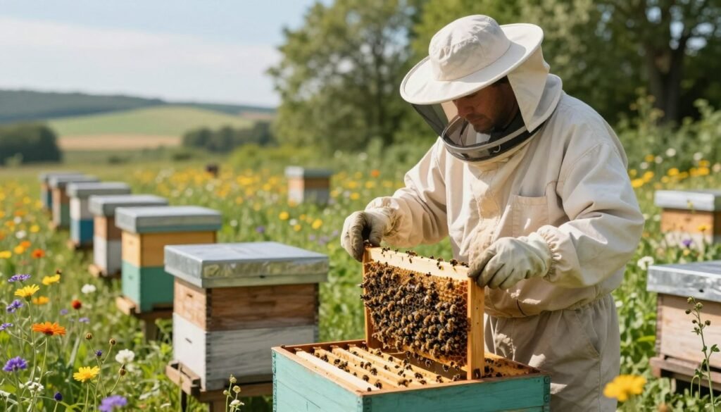 A serene apiary scene showcasing a skilled beekeeper, dressed in a professional bee suit, meticulously managing hive space for weak bee colonies. In the foreground, the beekeeper inspects a brood frame, revealing a healthy mix of bees, emphasizing attentiveness to their needs. The middle ground captures a row of well-maintained beehives, surrounded by vibrant wildflowers and greenery, symbolizing a nurturing environment. In the background, a soft-focus landscape features rolling hills under a clear blue sky, enhancing the peaceful atmosphere. Soft, diffused sunlight filters through the trees, creating a warm, inviting glow that accentuates the harmonious relationship between the beekeeper and the colonies. The image evokes a sense of care, responsibility, and dedication to supporting bee health.