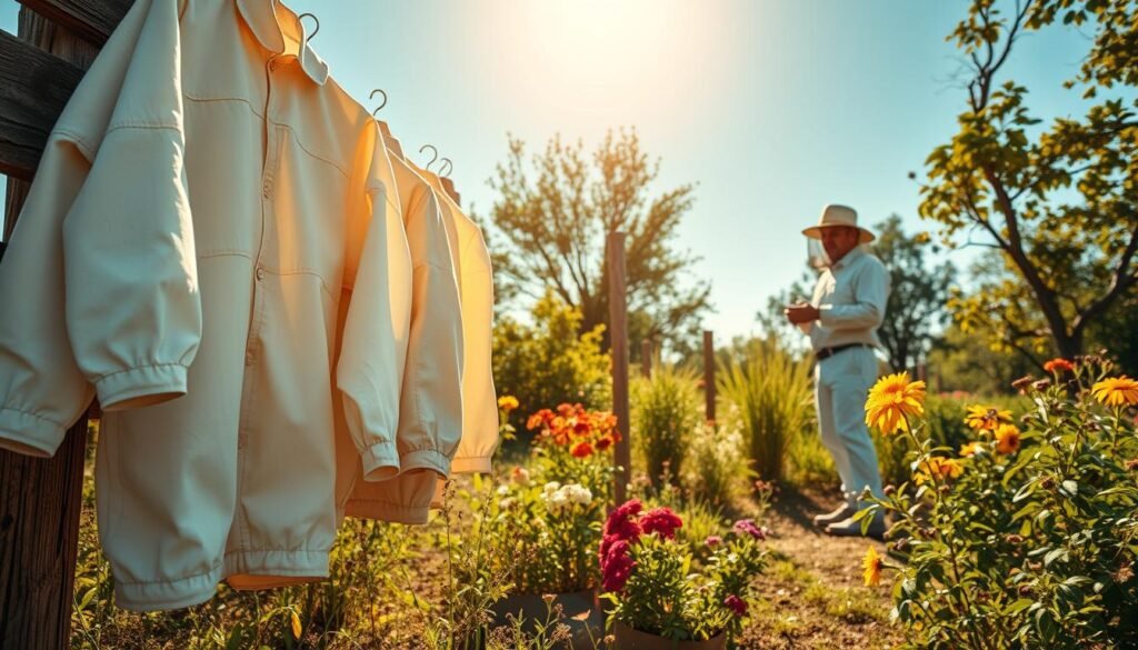 A serene apiary scene showcasing a variety of light-colored beekeeping suits hanging on a rustic wooden fence, symbolizing the importance of color choices in navigating heat. In the foreground, a detailed close-up of a protective suit in white and pale yellow, reflecting sunlight, with reinforced stitching and ventilated fabric. The middle ground features a beekeeper in professional attire, examining the suits while standing among vibrant wildflowers and buzzing bees. The background displays a clear blue sky, a gentle breeze ruffling the leaves of surrounding trees, creating a peaceful atmosphere. Soft, warm sunlight filters through, casting a golden hue over the entire scene, emphasizing the ideal choices for staying cool while working with bees.