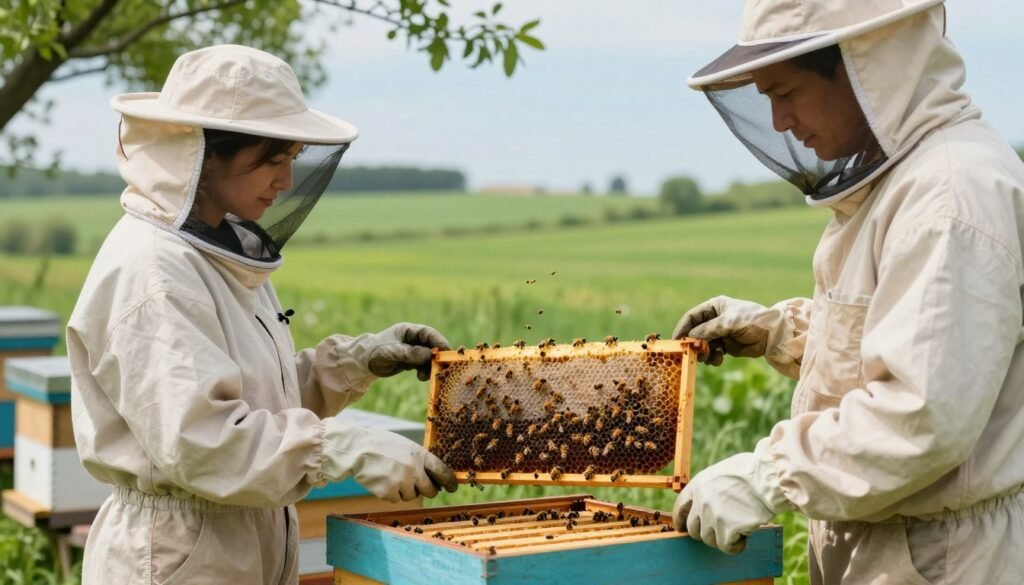 A serene apiary scene showcasing beekeepers monitoring a colony post-queen bee introduction. In the foreground, two beekeepers in professional attire, one female and one male, carefully observe a hive with open frames, inspecting for signs of acceptance. They wear protective suits and gloves, exuding focus and professionalism. The middle ground features a close-up of honeycomb filled with bees, some clustered around the new queen. The background includes a picturesque landscape of lush green fields under a bright blue sky, with soft, natural lighting that emphasizes the peaceful harmony of the setting. A gentle breeze rustles the leaves, creating a calm and optimistic atmosphere, symbolic of successful colony acceptance.