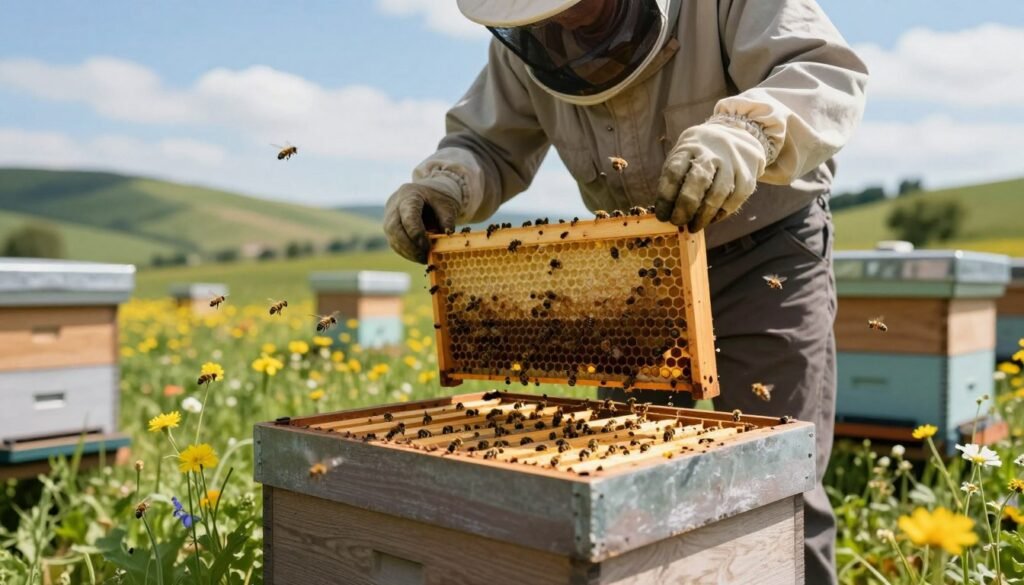 A serene apiary scene showcasing best practices for long-term colony stability. In the foreground, a well-maintained beehive surrounded by vibrant wildflowers, with bees actively flying in and out. The middle features a beekeeper in modest casual attire, carefully inspecting a queen cage, demonstrating a hands-on approach to hive management. In the background, rolling hills and a bright blue sky create a peaceful atmosphere, with soft sunlight illuminating the scene. The angle captures a close-up view of the hive and beekeeper, conveying dedication and professionalism. The overall mood is tranquil and focused, emphasizing the harmony between nature and sustainable beekeeping practices.