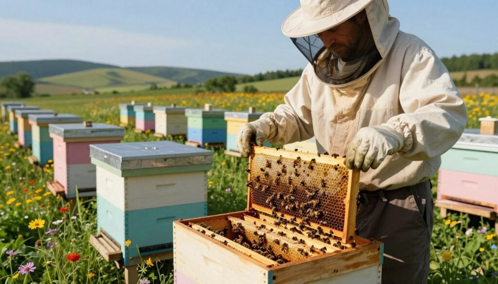 A serene apiary scene showcasing long-term hive management. In the foreground, a professional beekeeper in modest casual clothing inspects a wooden hive, with frames of honeycomb exposed, filled with busy bees. The middle ground features multiple well-maintained hives, each painted in soft pastel colors, surrounded by vibrant wildflowers and lush green grass. In the background, rolling hills under a clear blue sky enhance the tranquility of the setting. The sunlight casts a warm glow, highlighting the intricate details of the bees and the texture of the wooden hives. The atmosphere evokes a sense of harmony between nature and responsible beekeeping practices, emphasizing the critical role of ongoing hive management.