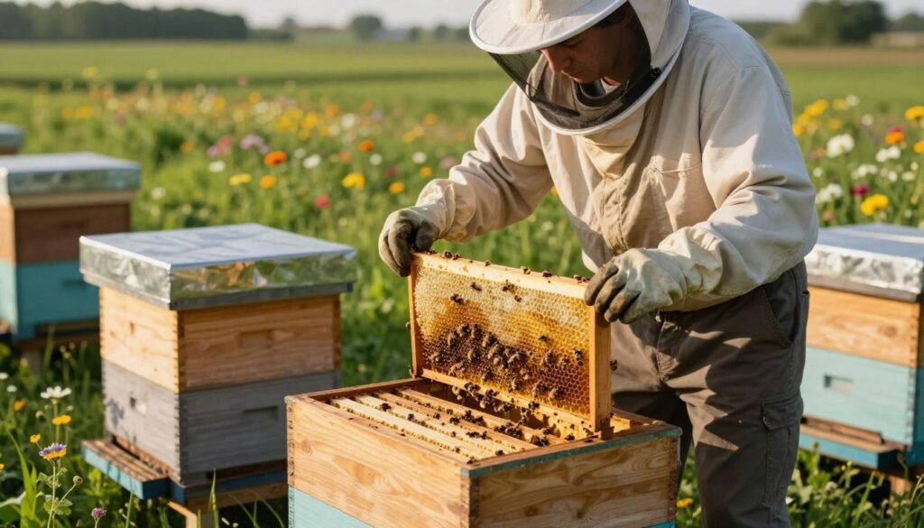 A serene apiary scene showcasing seasonal hive adjustments. In the foreground, a well-maintained beehive, with wooden frames partially pulled out to reveal vibrant honeycomb filled with bees. In the middle ground, a beekeeper in light, modest casual clothing gently inspects the hive, focused and methodical, using protective gloves and a veil. The background features lush green fields, dotted with colorful wildflowers, illustrating the environment crucial for pollination. The lighting is soft and warm, suggesting early morning or late afternoon, casting long shadows for depth. The atmosphere is calm and focused, conveying a sense of care and professionalism in beekeeping practices.