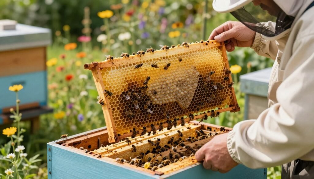 A serene apiary scene showcasing the intricate process of queen rearing within a beehive. In the foreground, a skilled beekeeper in modest casual clothing carefully inspects a queen cell, revealing a translucent pupae stage. The middle ground features multiple frames of capped queen cells, each nestled in a vibrant honeycomb structure, with bees subtly busy at work. The background depicts a sunny garden with colorful wildflowers and lush greenery, creating a harmonious and natural environment. Soft, warm lighting casts gentle shadows, enhancing the depth and detail of the bees and the hive's architecture. The atmosphere conveys a sense of dedication and appreciation for the delicate art of queen rearing in beekeeping, celebrating nature's beauty and complexity.