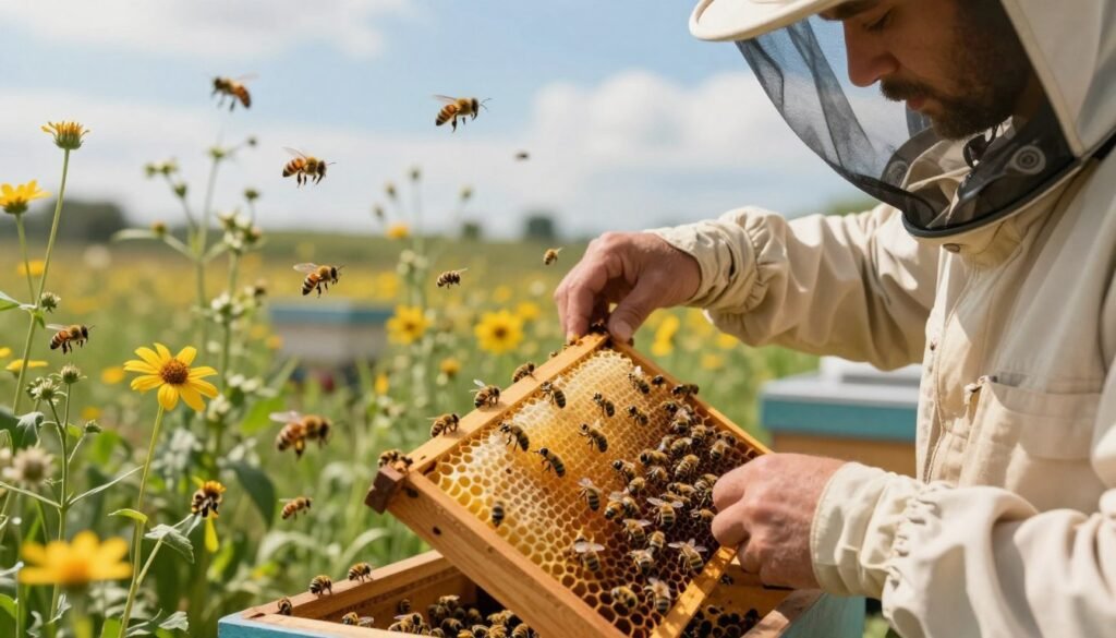 A serene apiary scene showcasing the intricate world of bee biology. In the foreground, a professional beekeeper in modest casual clothing is carefully examining a beehive frame filled with golden honeycomb and busy bees, emphasizing the delicate nature of these pollinators. The middle ground features lush flowering plants and a variety of bees in action, illustrating their role in the ecosystem. The background depicts a clear blue sky with soft sunlight filtering through, casting gentle shadows that enhance the details of the scene. The atmosphere conveys a sense of harmony and respect for nature, inspiring curiosity and understanding of bee biology. The image is captured with a close-up lens to focus on the bees and the beekeeper's interaction, using warm, natural lighting to create an inviting and educational mood.