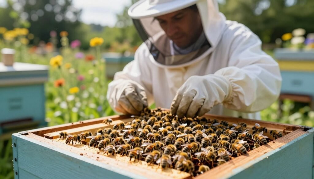 A serene apiary scene showcasing the process of quarantining new bees. In the foreground, an open wooden bee box filled with active bees, with a close-up view of bees buzzing around, their delicate wings glinting in the sunlight. In the middle, a beekeeper in protective gear carefully inspects the bees, wearing a white suit and veil, looking focused and diligent. The background features a lush garden with various wildflowers, creating a vibrant atmosphere, and gentle sunlight filtering through the trees. The overall mood is one of careful observation and nurturing, with a soft, natural color palette. The image is captured with a shallow depth of field, emphasizing the bees and beekeeper while softly blurring the background.