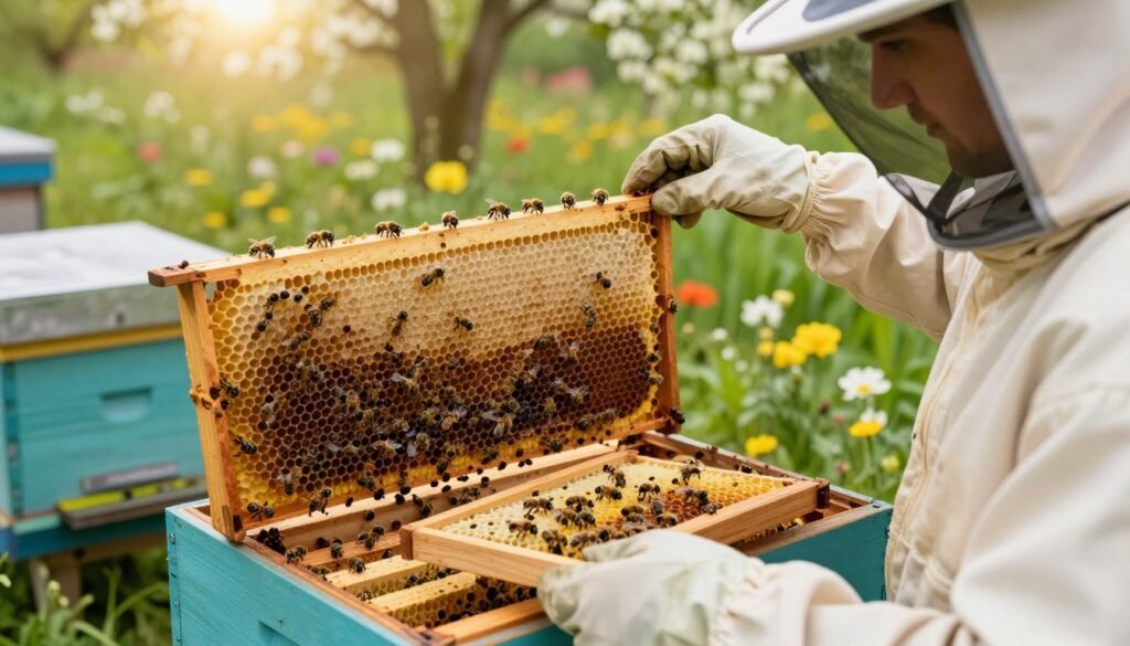 A serene apiary scene showcasing various options for requeening a bee colony. In the foreground, a skilled beekeeper in professional attire is gently examining several queen bee cells, placing them in a wooden tray. The middle ground features an open beehive, with bees busy at work, and honeycomb frames displaying both capped and uncapped brood. In the background, lush greenery and blooming flowers create a vibrant environment, with soft sunlight streaming through, illuminating the scene. The overall atmosphere is one of care and diligence, emphasizing the important task of selecting a new queen. The image should be vibrant and sharp, captured with a macro lens to highlight the details of the bees and their habitat.
