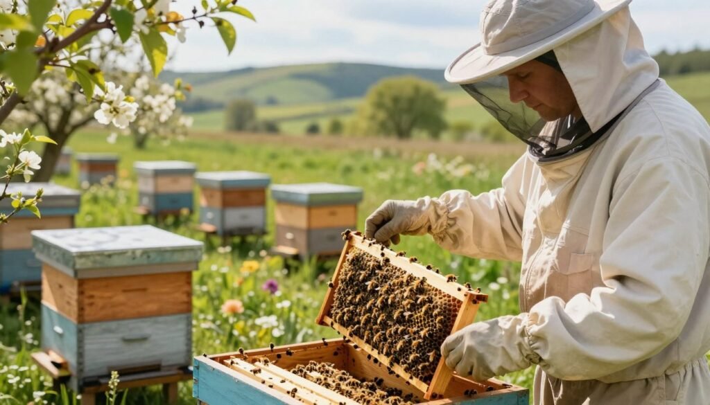 A serene apiary scene showing a beekeeper inspecting hives, set in a lush green landscape. In the foreground, the beekeeper, wearing a protective suit and veil, carefully examines a frame filled with bees, capturing the intricate details of the hive's structure and the bees' movements. In the middle ground, several wooden beehives are neatly arranged, surrounded by blooming flowers and gentle sunlight filtering through leaves, creating a warm ambiance. In the background, rolling hills can be seen under a bright blue sky, enhancing the sense of a peaceful rural setting. The lighting is soft and natural, evoking a calm, productive atmosphere ideal for apiary inspections. The overall mood reflects diligence and care in beekeeping practices.