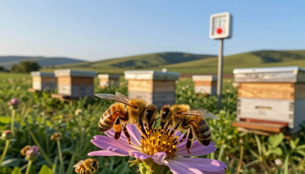 A serene apiary scene under a clear blue sky, with a close-up of healthy honeybees actively working on vibrant flowers in the foreground. In the middle ground, several hives are shown, surrounded by lush greenery, and a small weather station monitoring temperature and humidity. The background features gentle rolling hills, subtly hinting at varying climates. The lighting is warm and natural, simulating a late afternoon glow that enhances the vivid colors of the environment. The atmosphere is calm yet dynamic, reflecting the importance of temperature and humidity on the efficacy of varroa mite treatment. Ensure the scene maintains a professional, focused ambiance, devoid of distractions, to clearly illustrate the targeted natural ecosystem affected by environmental conditions.
